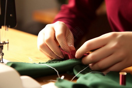 年轻女子在家里缝制衣服高清图片