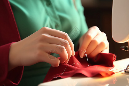 在家缝制衣服的年轻女人高清图片