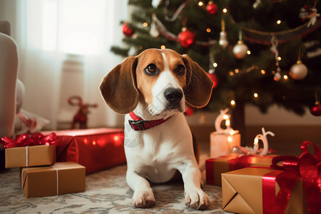 圣诞树下的礼物圣诞树下趴着的狗背景