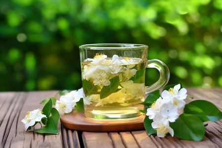 茶水桌木桌上的茉莉花茶背景