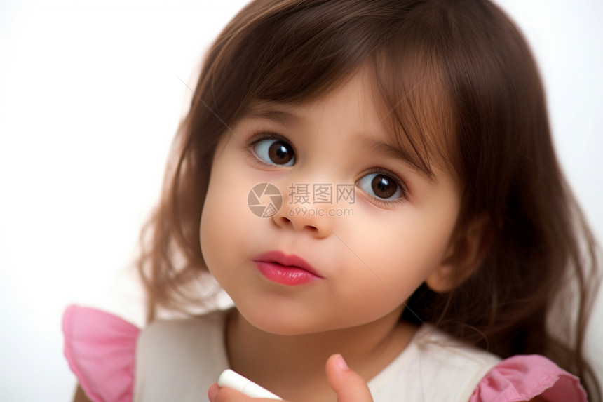 嘴唇上可爱的小女孩的肖像图片