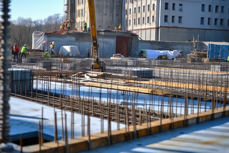 现代建筑钢筋混凝土基础施工高清图片