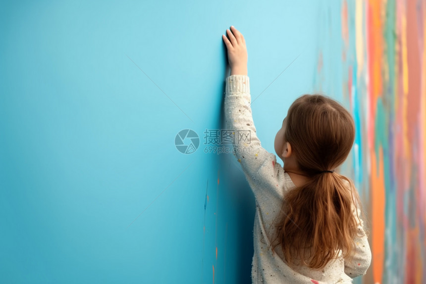 女孩在彩色墙上绘画图片