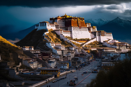 拉萨风光西藏山顶建筑古建筑宫殿背景