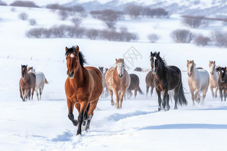 雪地里奔跑的骏马高清图片