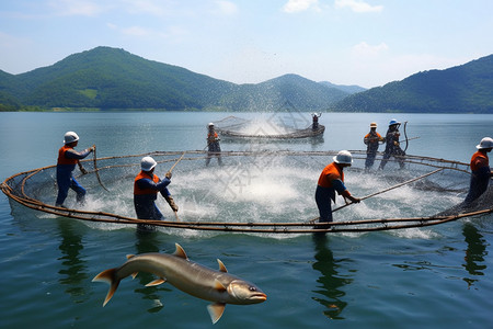 千岛湖的渔民捕鱼背景图片