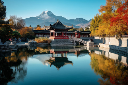 城市湖边建筑物背景图片