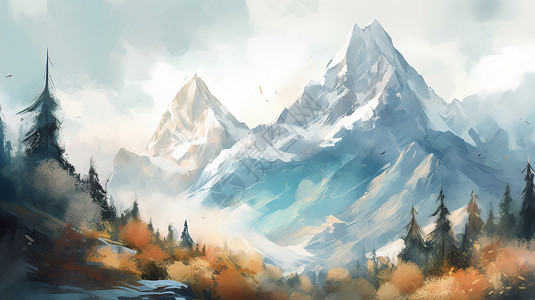 雄伟高山用水彩描绘的山峰插画