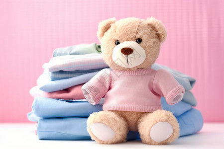 泰迪熊靠着叠好的衣服高清图片