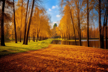 金叶女贞公园湖边的秋景背景