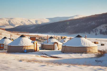 冬天草原雪山下的蒙古包图片