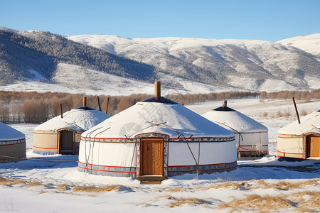 冬天雪山下的蒙古包背景图片