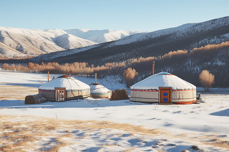 驻扎在雪山下的蒙古包图片