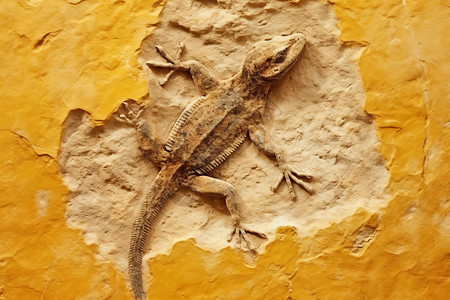 黄石背景上的古代蜥蜴化石背景图片