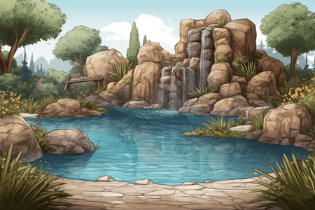 室外游泳池岩石瀑布的游泳池插画