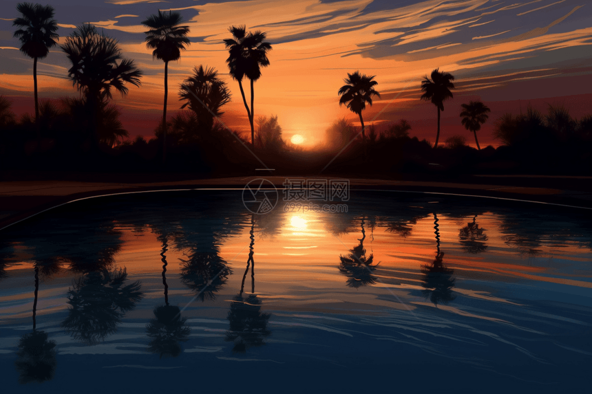 游泳池夕阳倒影图片