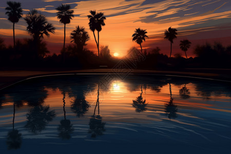 游泳池夕阳倒影背景图片
