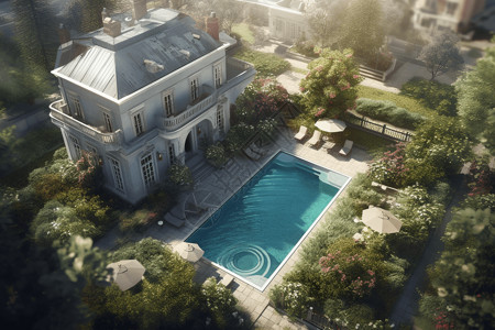 露天花园豪宅中央的游泳池设计图片