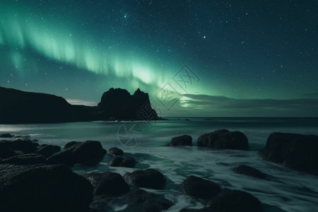 海岸岩石神秘的北极光美景设计图片