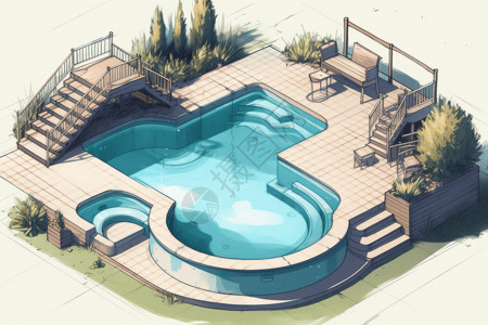 阳台浴缸多层的游泳池插画