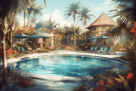 露天泳池池畔绿洲的游泳池插画