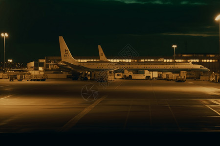 飞机场夜景停机坪和飞机视图设计图片
