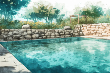 石墙的游泳池背景图片