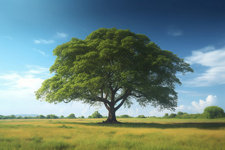 一棵大树种在美丽的绿色田野中高清图片