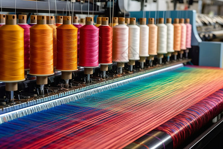 彩色纤维工厂机器上的彩色纱线穿线背景