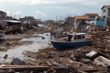 破坏海啸建筑物被水淹没背景