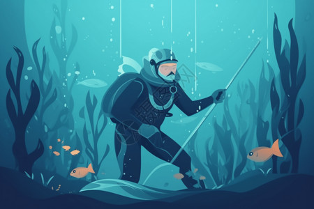 渔夫和金鱼水下潜水的渔夫插画