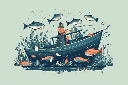 渔鱼渔船上跳跃的鱼插画
