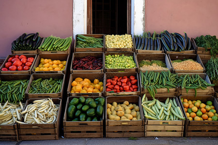 蔬菜和水果堆放在农贸市场的木篮子里图片