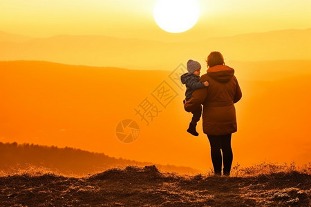 母亲和孩子们在日落时的背影图片