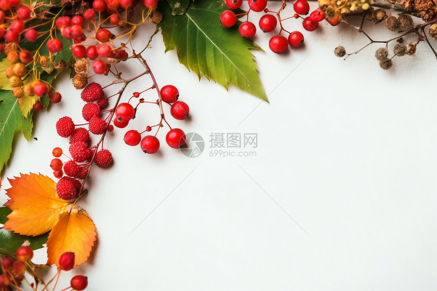 红色浆果装饰的秋天背景图片