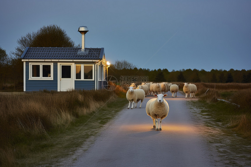 一群绵羊挡在了路中间图片