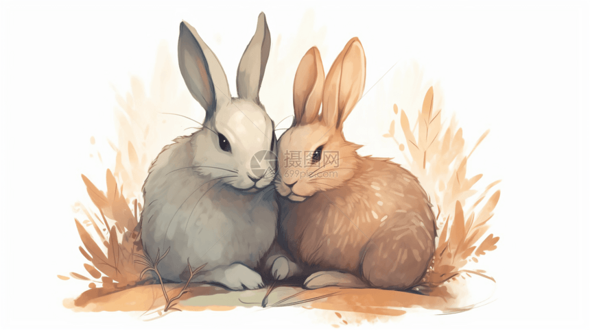 一对兔子拥抱在一起图片