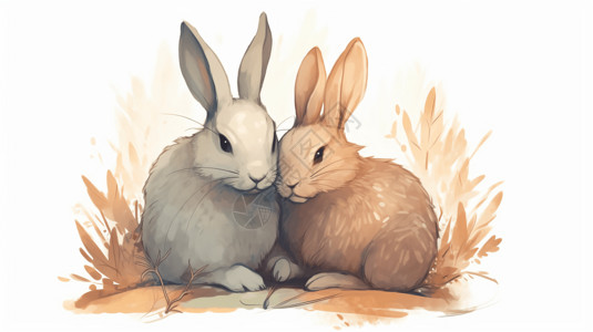 一对兔子拥抱在一起插画