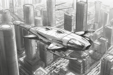 城市手绘图未来派宇宙飞船的手绘图插画