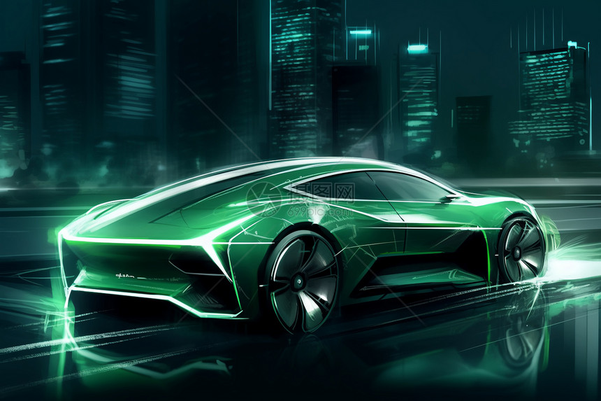 绿色新能源未来派汽车插图图片