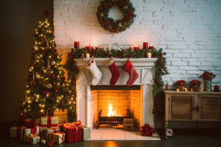 在家里的壁炉附件装饰圣诞节饰品背景图片