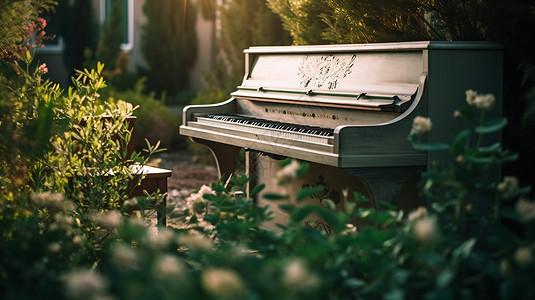古典钢琴美丽的花园和钢琴设计图片
