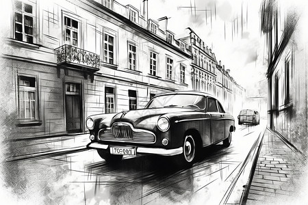 纯素描素材素材城市和汽车插画