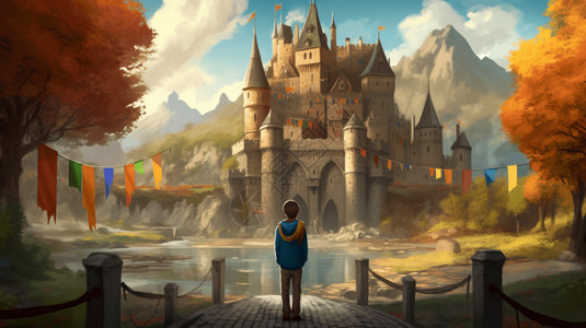 男孩站在城堡前图片