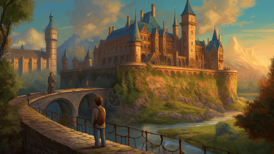 男孩站在雄伟的城堡前图片
