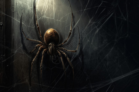 蜘蛛网上的蜘蛛黑暗阴森恐怖的角落插画