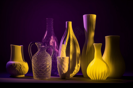 黄色紫色浅色不同花瓶背景图片