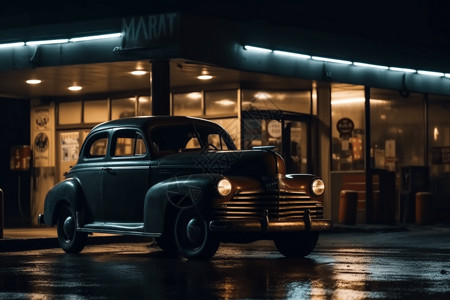老式汽车在加油站图片