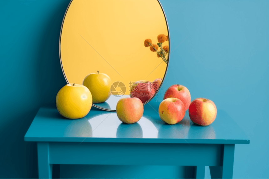 苹果蓝桌孤立近镜图片