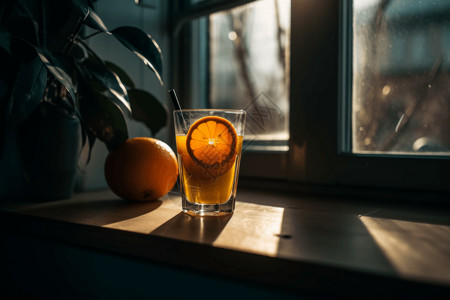 透过窗户的一杯鲜榨橙汁图片